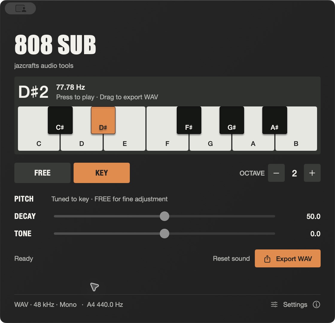 The 808 SUB development Mac app with white and black piano keys in KEY mode, note and frequency readouts, and DECAY and TONE controls.